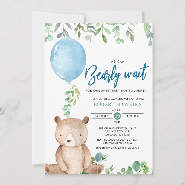 Balloon We Can Bearly Wait Teddy Bear Baby Shower Invitation (Front)