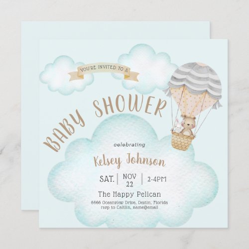 Balloon Woodland Teddy Bear Baby Shower Invitation