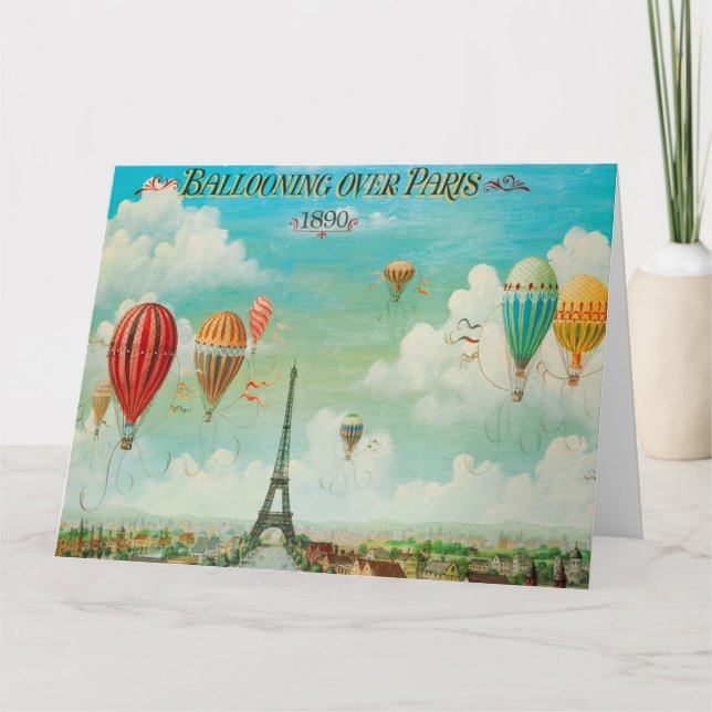 Ballooning Over Paris Vintage Travel Art Card (Front)