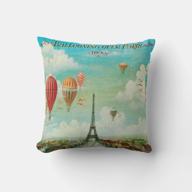 Ballooning Over Paris Vintage Travel Art Throw Pillow (Front)