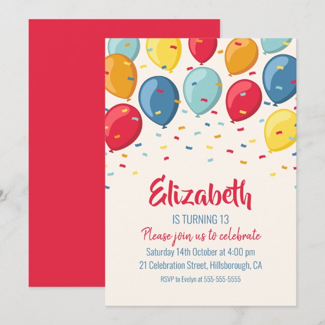 Balloons 13th Birthday Party | Kids Birthday Party Invitation (Front/Back)