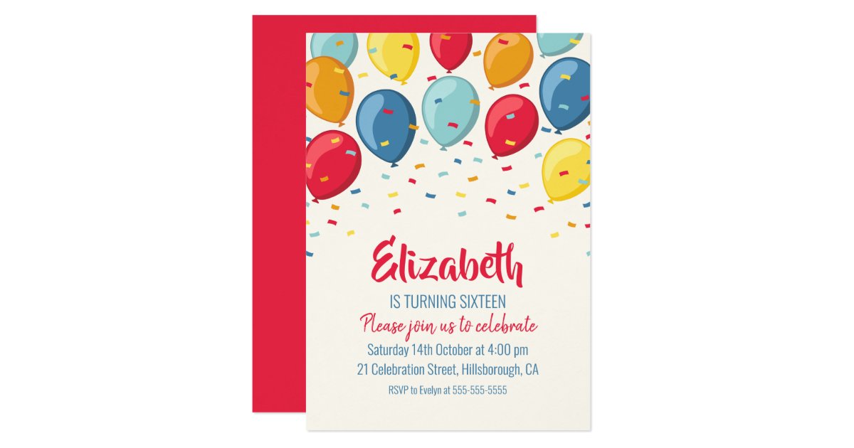 Balloons 16th Birthday Party Sweet 16 Birthday Invitation Zazzle Com