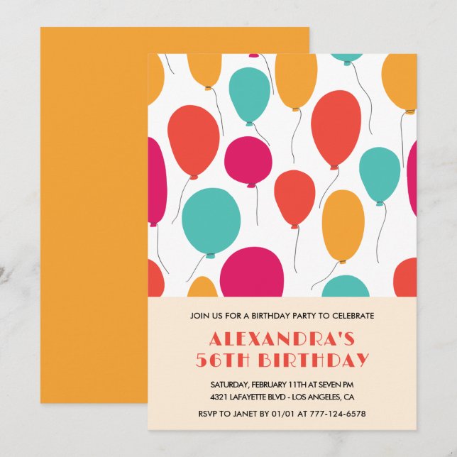 Balloons 56th birthday invitations Colorful (Front/Back)
