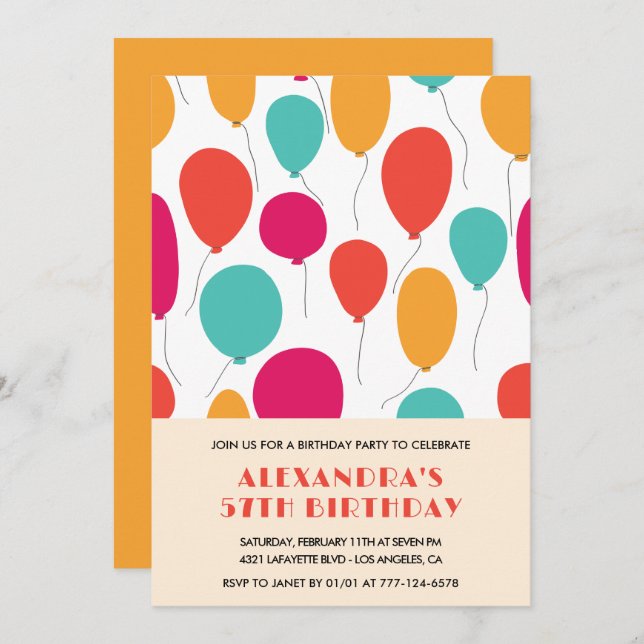 Balloons 57th birthday invitations Colorful (Front/Back)