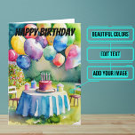 Balloons and Birthday Cake in Backyard Watercolor Card<br><div class="desc">Wish someone you care about a happy birthday with this colorful design featuring a watercolor of a balloons and a birthday cake on a table in a backyard. Inside we've written just the right message to speak to the moment; but you can customize it with your own words. Look for...</div>