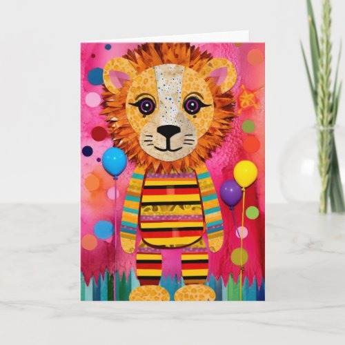 Balloons and Bliss Lion Cute Kids Birthday Card