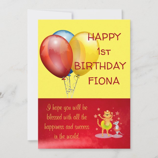 Balloons And Cartoon Animals Baby Birthday Card (Front)
