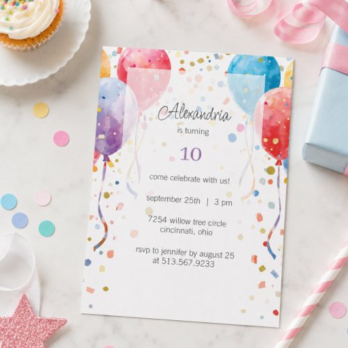 Balloons and Confetti Birthday Party  Invitation