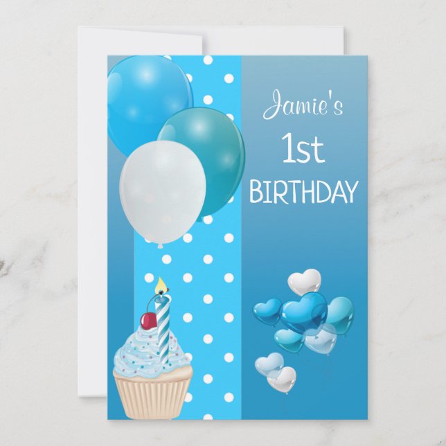 Balloons and Cupcake Blue Background Birthday Card (Front)