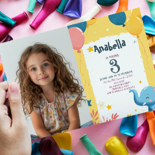 Balloons and Elephant Yellow Kids Birthday Party Invitation