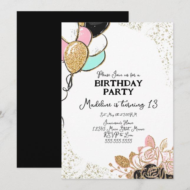 Balloons and Florals Pink Black Birthday Party Invitation (Front/Back)