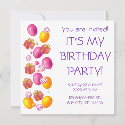 Balloons and gifts Elegant birthday  Invitation