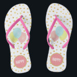 Balloons and Gold Confetti Flip Flops<br><div class="desc">Balloons and gold metallic look confetti on white background Flip Flops. Text "HAPPY" can be personalized.</div>