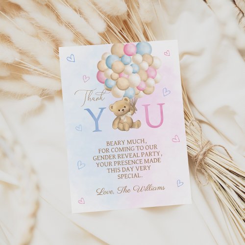 Balloons  Bear Pink Blue Gender Reveal Thank You Card