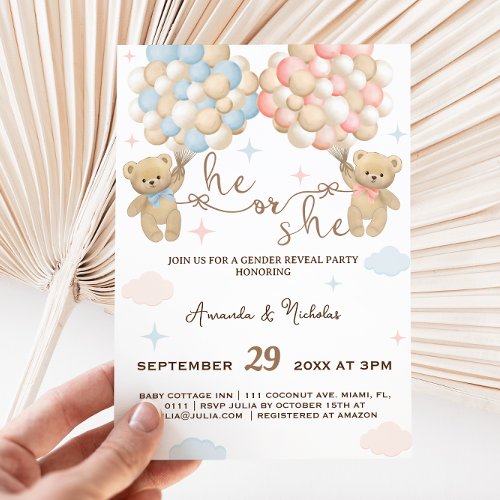 Balloons  Bears Pink Blue Boho Gender Reeveal Invitation