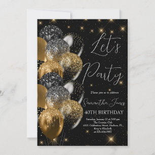 Balloons Birthday Black Gold Glitter Invitation