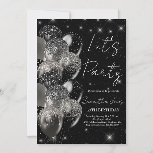 Balloons birthday black silver glitter invitation