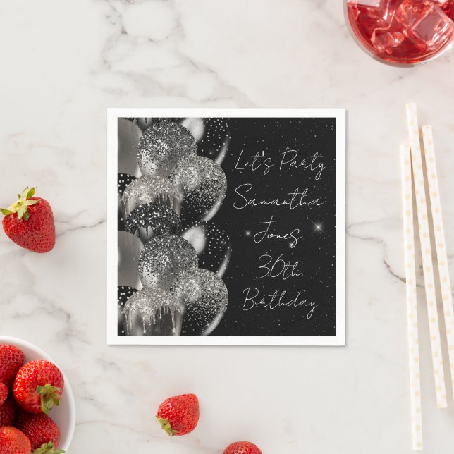 Balloons Birthday Black Silver Glitter Party Napkins (Insitu)