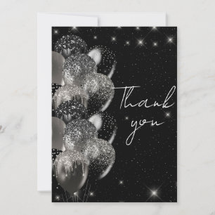 Balloons Birthday Black Silver Glitter Party Thank You Card