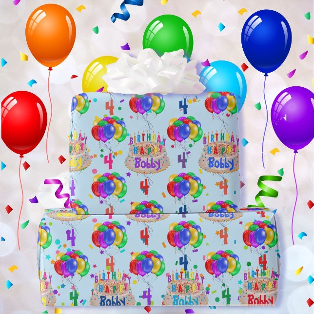 Balloons Birthday Cake Personalize Boy's Name Age Wrapping Paper (Creator Uploaded)