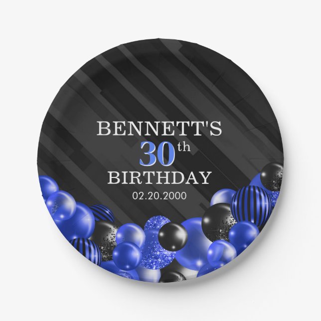 Balloons Black Blue Birthday Paper Plates (Front)