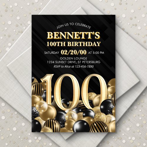 Balloons Black Gold 100th Birthday Invitation
