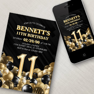 Balloons Black Gold 11th Birthday Invitation
