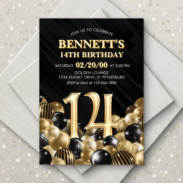 Balloons Black Gold 14th Birthday Invitation (Creator Uploaded)