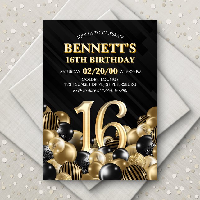 Balloons Black Gold 16th Birthday Invitation (Creator Uploaded)