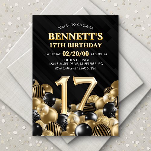Balloons Black Gold 17th Birthday Invitation