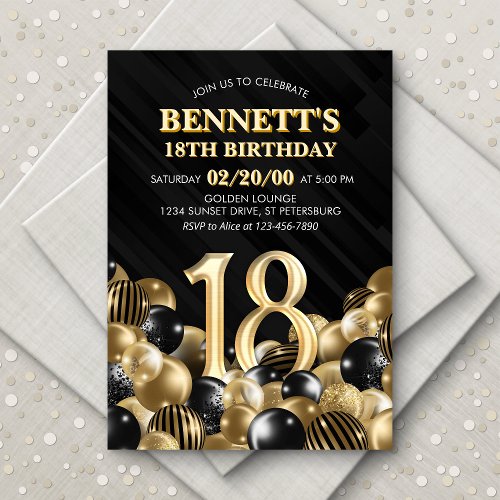 Balloons Black Gold 18th Birthday Invitation