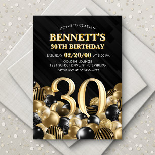 Balloons Black Gold 30th Birthday Invitation