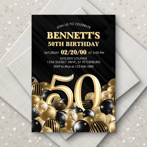 Balloons Black Gold 50th Birthday Invitation