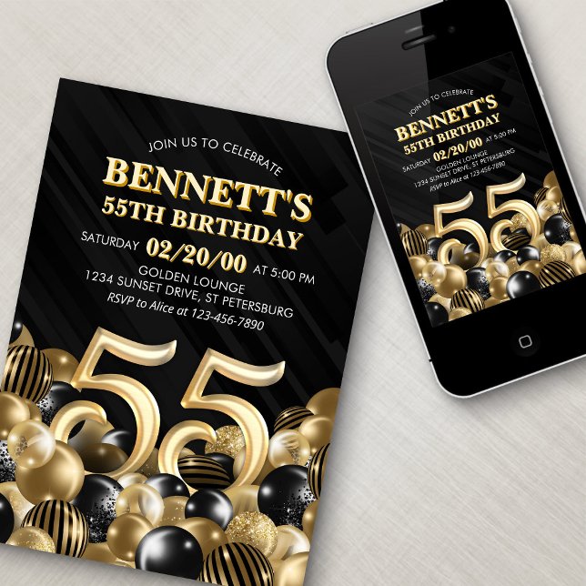 Balloons Black Gold 55th Birthday Invitation (Creator Uploaded)
