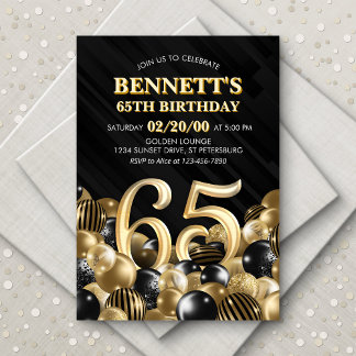 Balloons Black Gold 65th Birthday Invitation