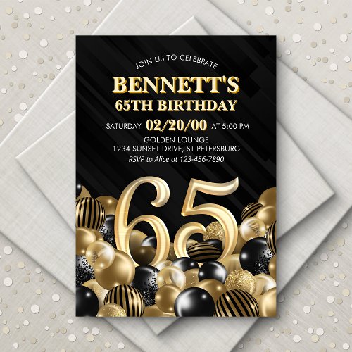 Balloons Black Gold 65th Birthday Invitation