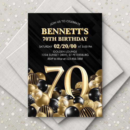 Balloons Black Gold 70th Birthday Invitation