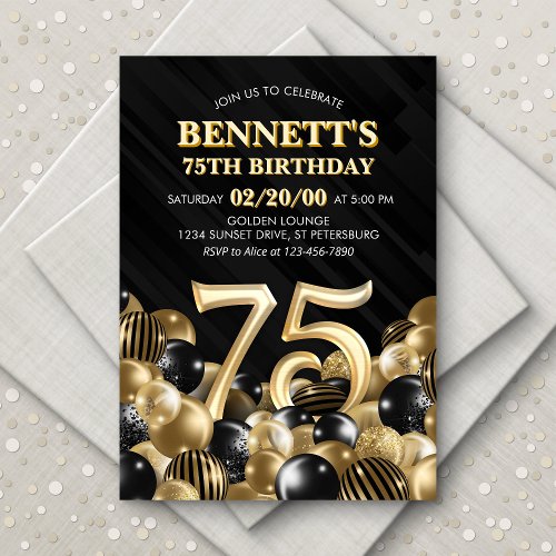 Balloons Black Gold 75th Birthday Invitation