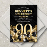 Balloons Black Gold 90th Birthday Invitation<br><div class="desc">Bunches and bunches of balloons—this design just doesn't hold back! Featuring bold numbers and elegant typography in a space that's literally overflowing with balloons, this design is an instant party-starter. The gold and black color scheme and retro typography set a classic, stylish tone for your event. Perfect for the modern...</div>