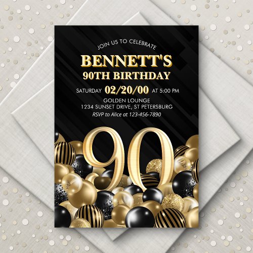 Balloons Black Gold 90th Birthday Invitation
