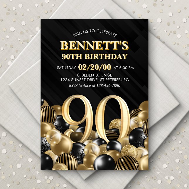 Balloons Black Gold 90th Birthday Invitation (Creator Uploaded)