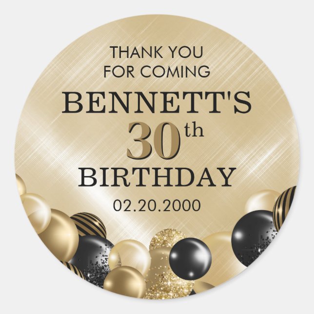 Balloons Black Gold Birthday Classic Round Sticker (Front)