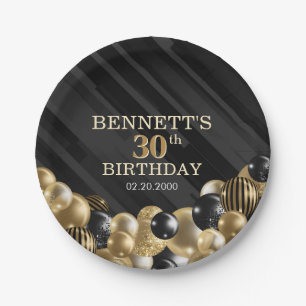 Balloons Black Gold Birthday Paper Plates