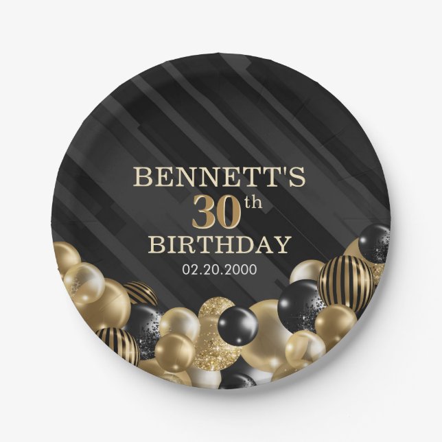 Balloons Black Gold Birthday Paper Plates (Front)