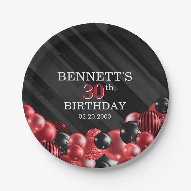 Balloons Black Red Birthday Paper Plates (Front)