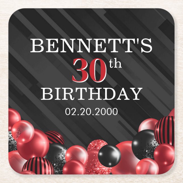 Balloons Black Red Birthday Square Paper Coaster (Front)