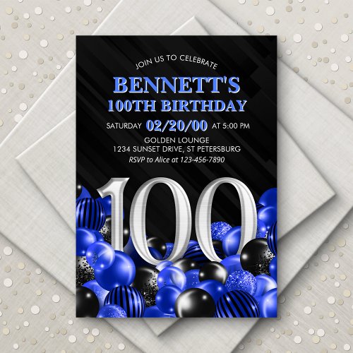 Balloons Blue 100th Birthday Invitation