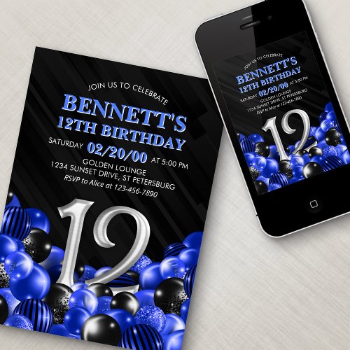 Balloons Blue 12th Birthday Invitation