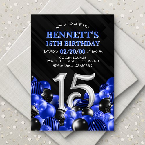 Balloons Blue 15th Birthday Invitation