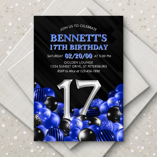Balloons Blue 17th Birthday Invitation